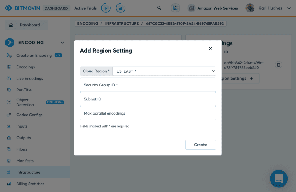 Adding new AWS Region_Bitmovin Dashboard_Screenshot