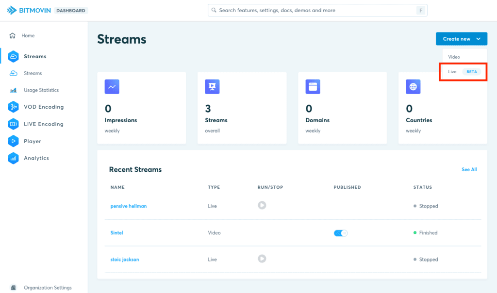 OBS : Bitmovin Dashboard