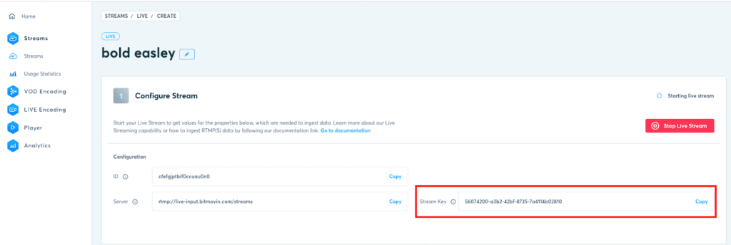 OBS : Bitmovin Streamkey
