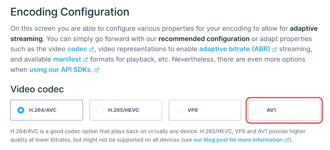 Screenshot of Bitmovin Dashboard Encoding Configuration with new AV1 video codec support
